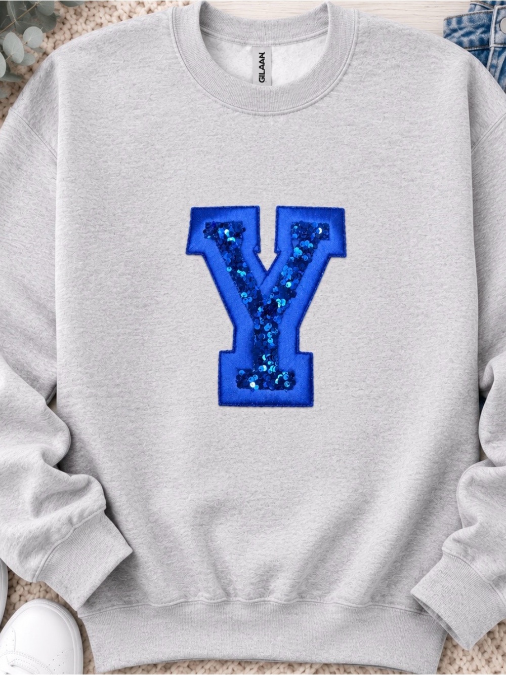 Gildan sport Gray Crewneck with Blue Sequin 'Y' Applique